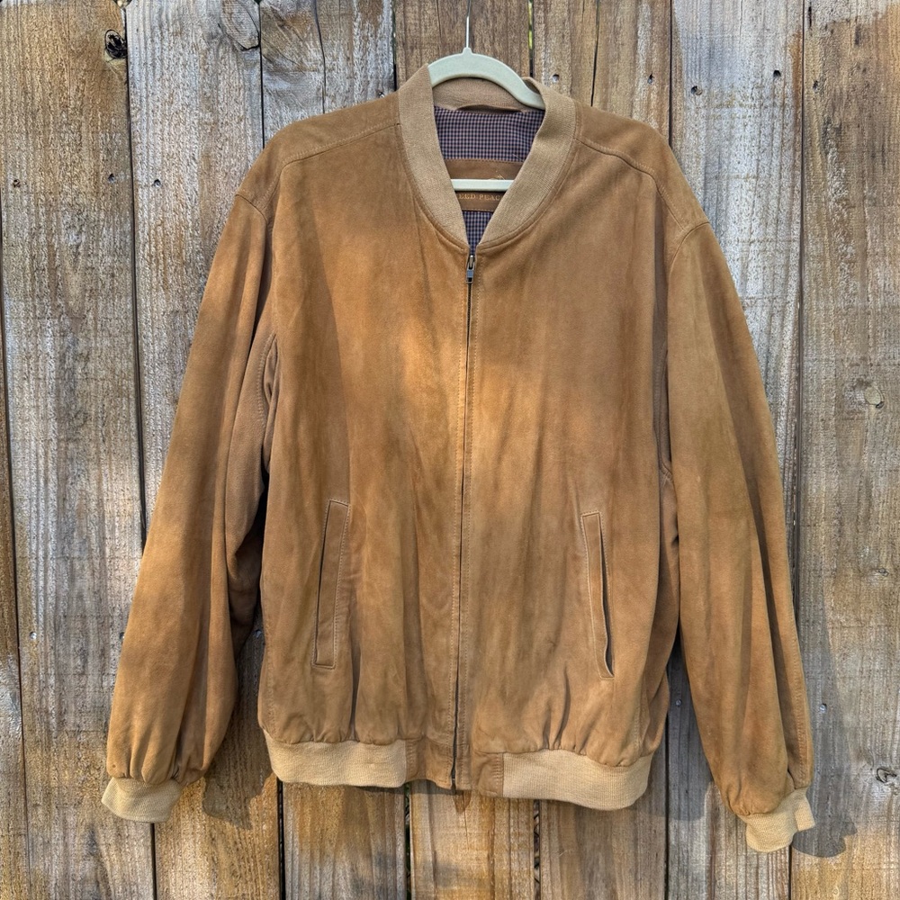 Men's Camel Tan Suede Bomber Jacket by Tweed Peacock